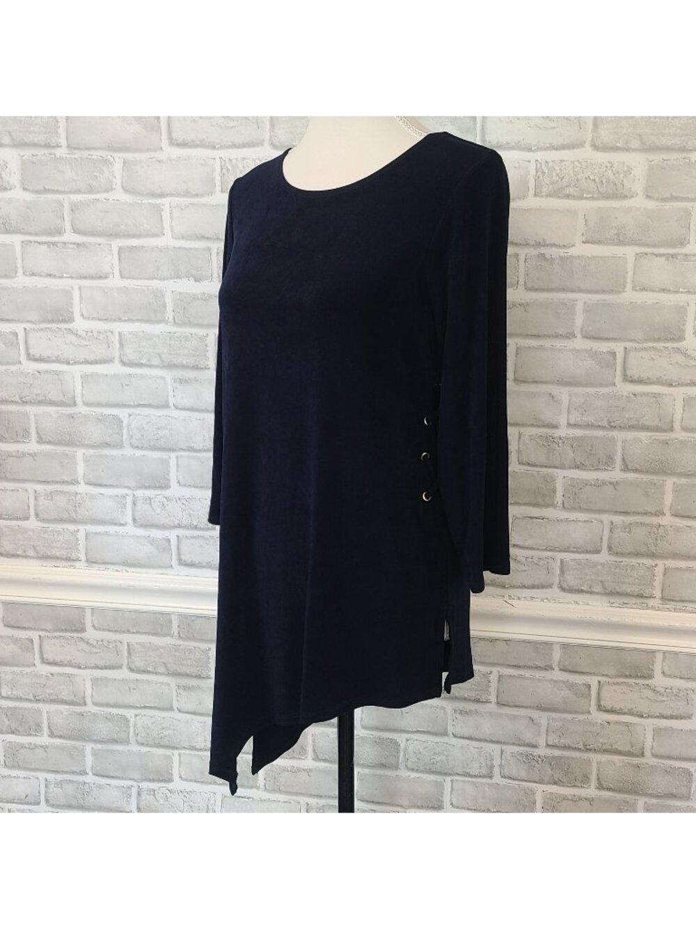 Chicos Travelers Black Slinky Knit Asymmetrical Hem Tunic Dress Lace Up Side 1 M